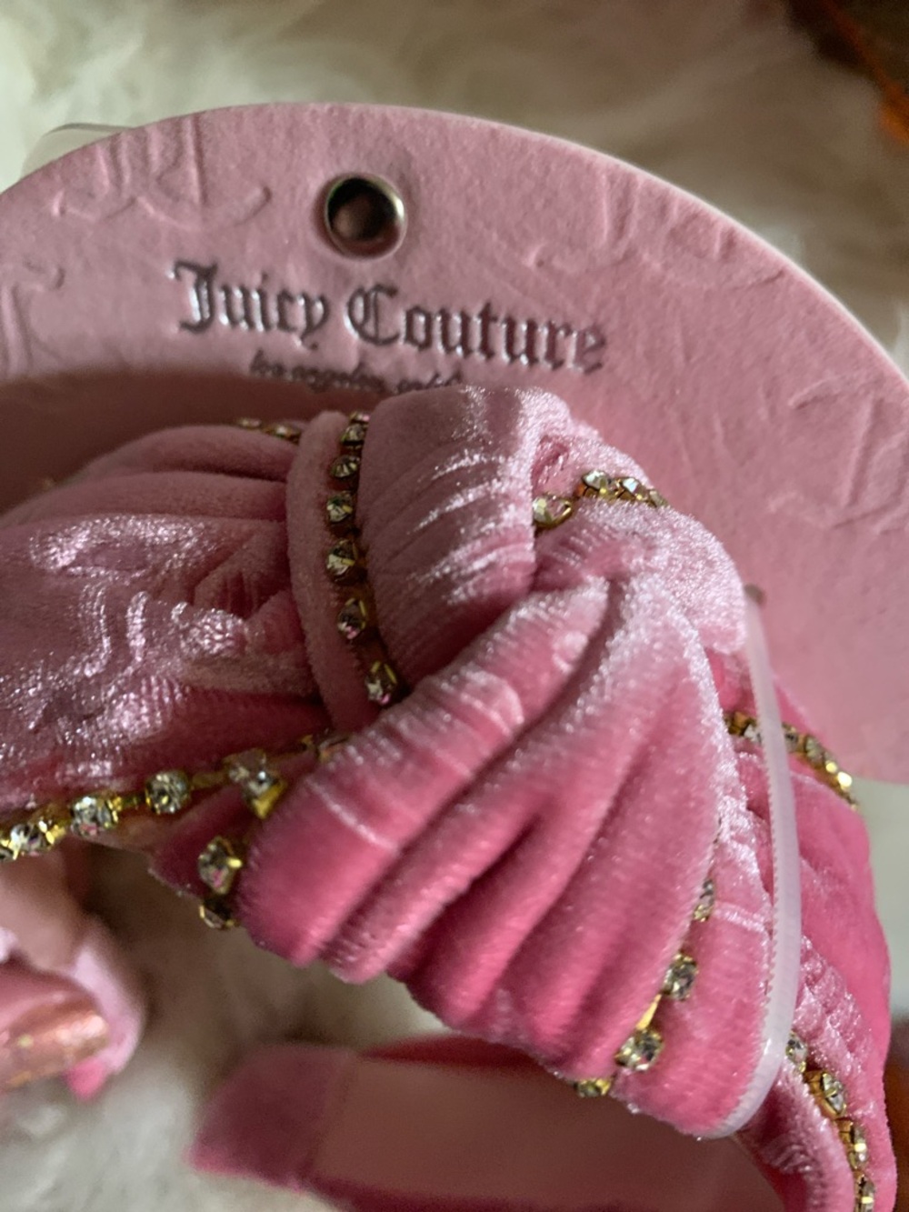 Juicy Couture Pink Velvet Knotted Headband with Gold Crystal Trim